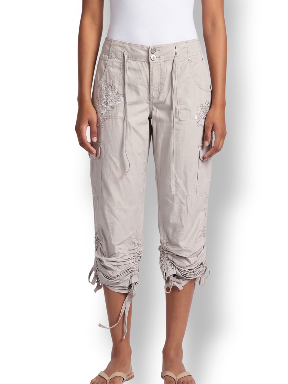 4/$20 INC Khaki Rhinestone Cargo Capri Pants Ruched Tie Hem Size 12